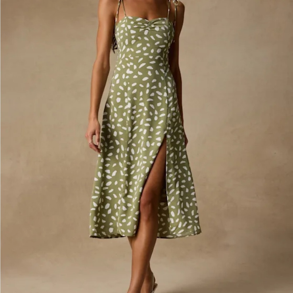Lulu's Olive Green Printed Slip Midi Dress with White Dot Motif
